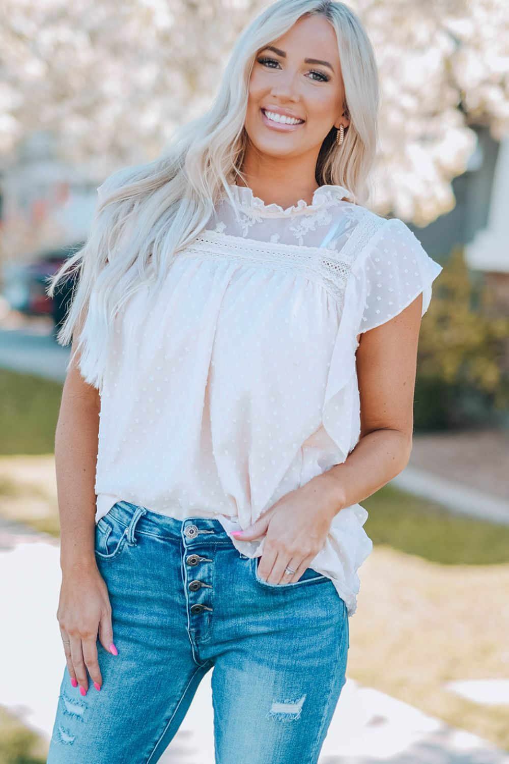 Swiss Dot Spliced Lace Flutter Sleeve Top