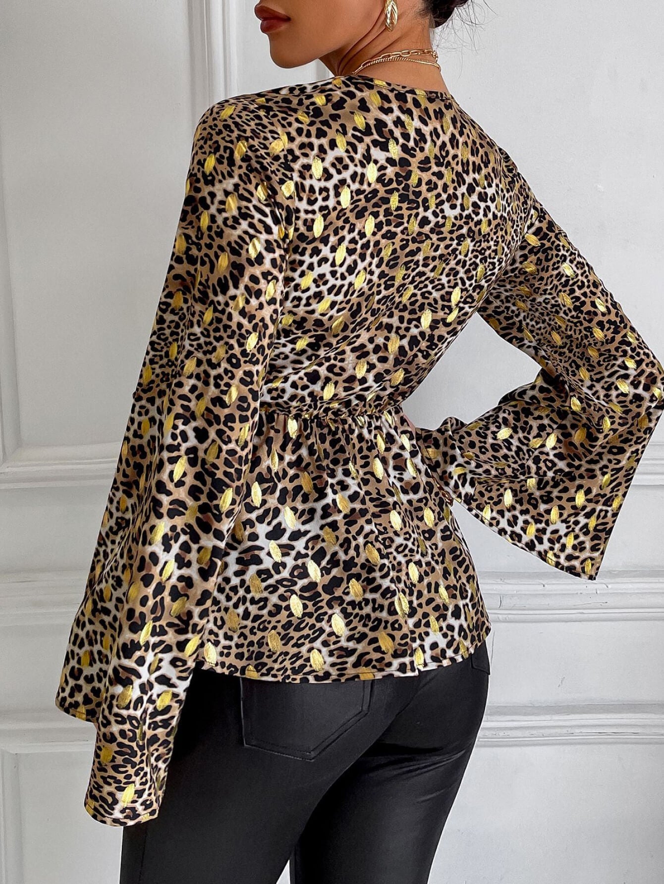 Mixed Print Tie-Waist Bell Sleeve Blouse