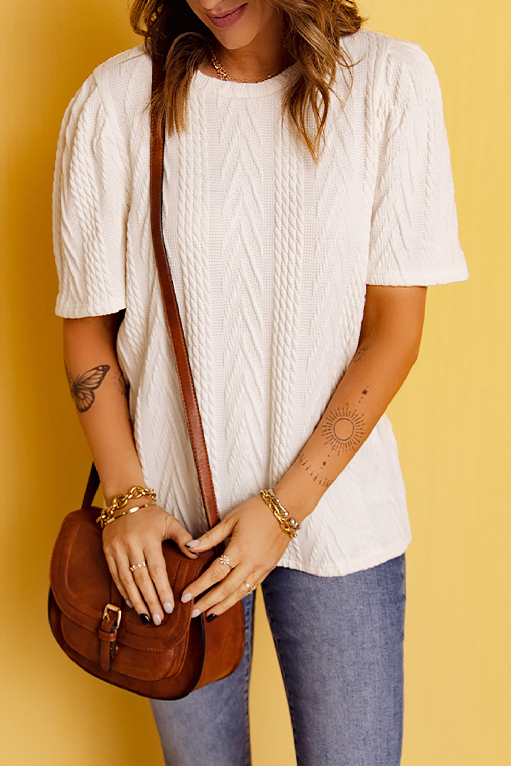 Waffle Knit Half Sleeve Round Neck Top