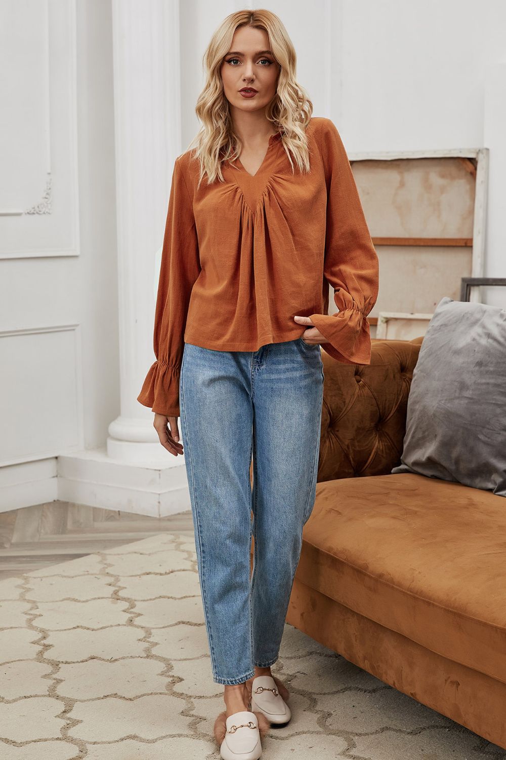 Frill Trim Gathered Detail Flounce Sleeve Top