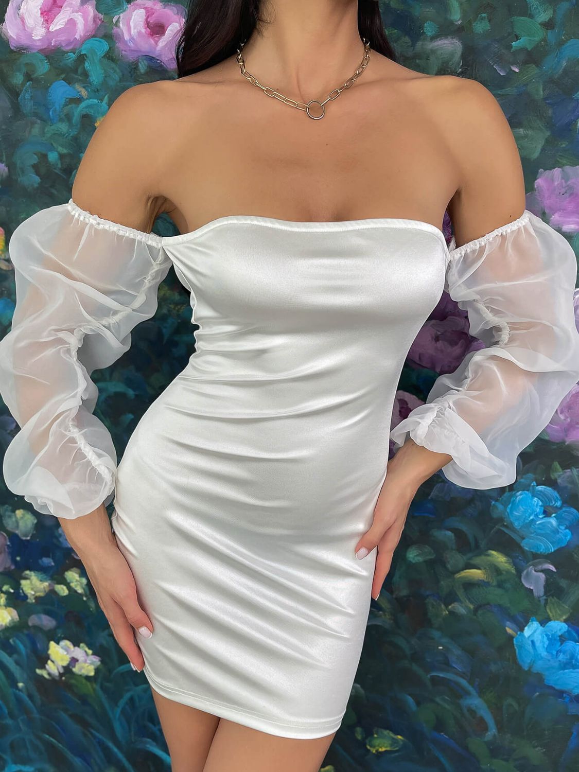Off-Shoulder Mesh Sleeve Lace-Up Satin Dress