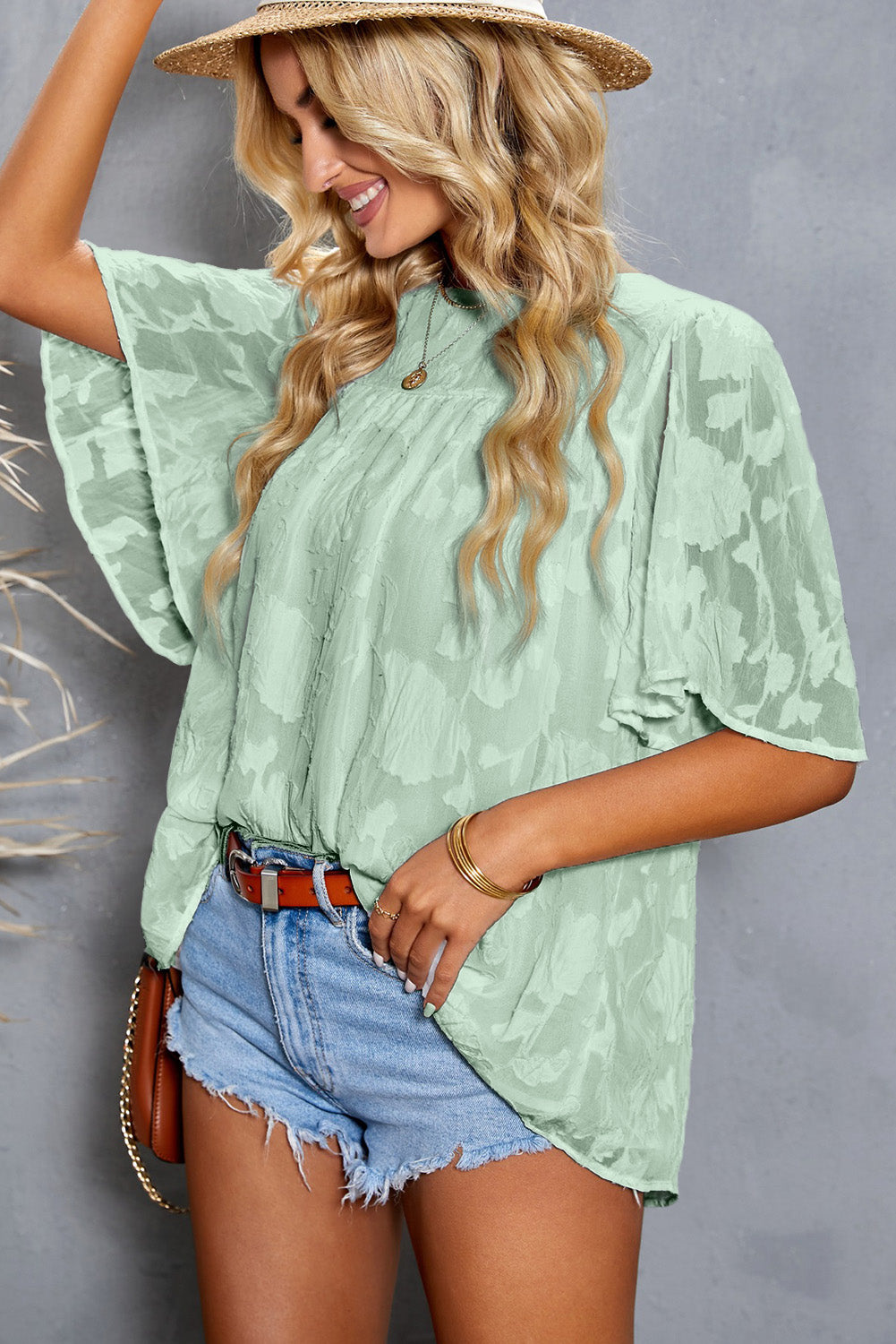Gathered Detail Flutter Sleeve Babydoll Top