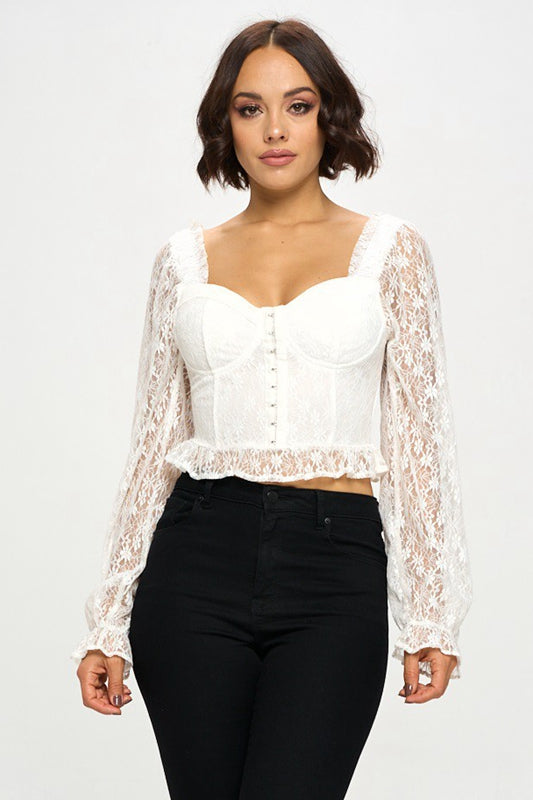 Lace Corset Flounce Sleeve Cropped Top