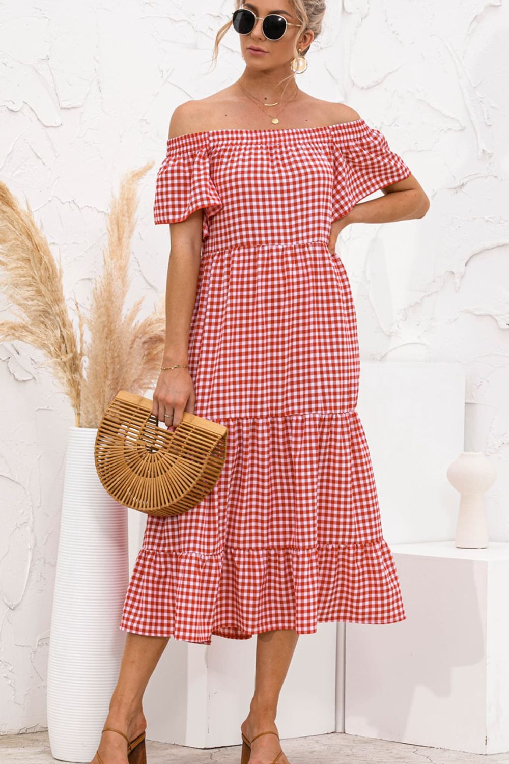 plaid off the shoulder midi dress B. Darlin Plaid Printed Tie Shoulder Bustier Bodice Midi Dress