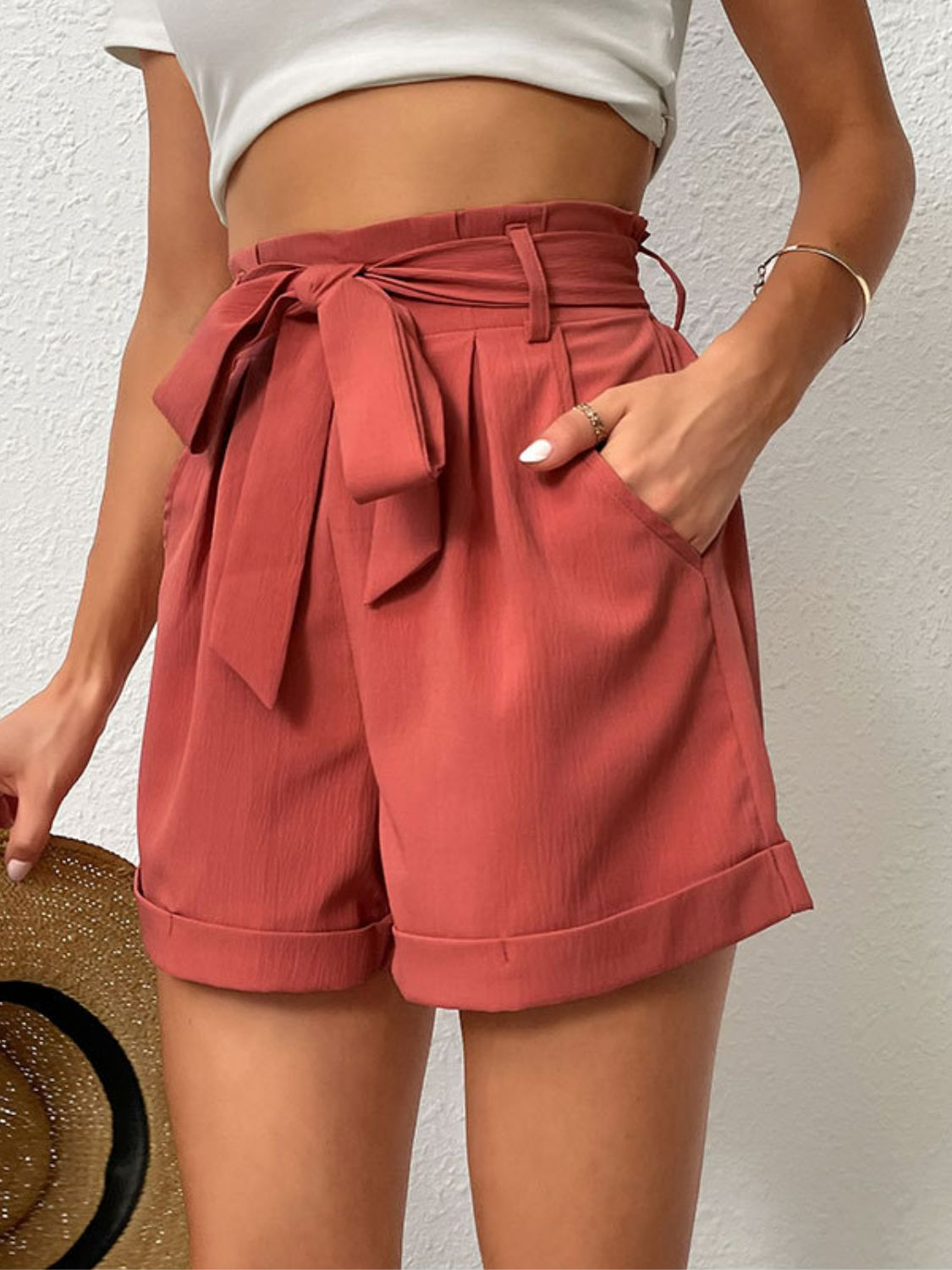 High Waist Belted Shorts with Pockets