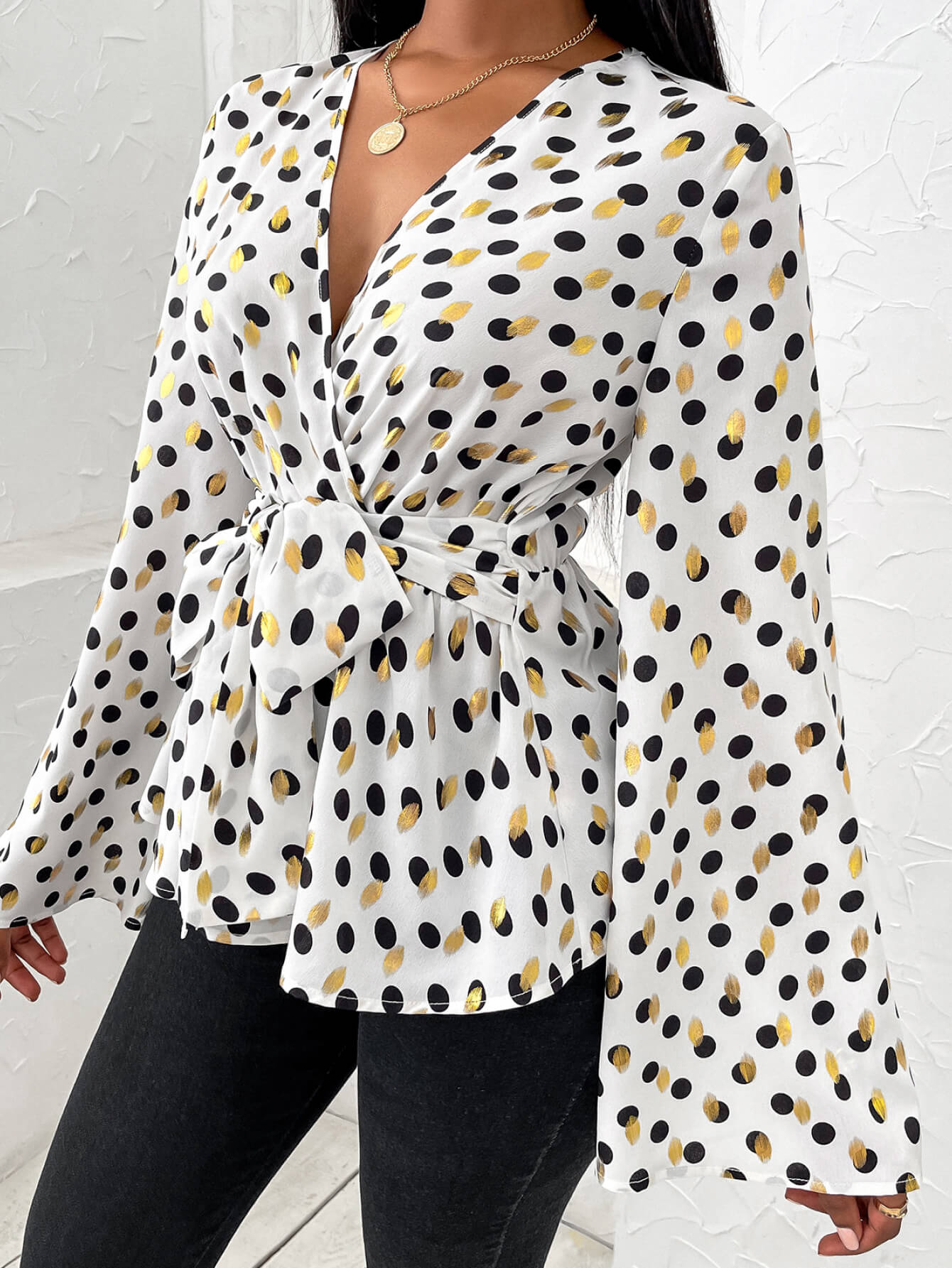 Mixed Print Tie-Waist Bell Sleeve Blouse
