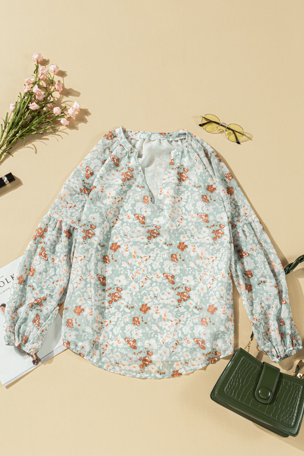 Floral V-Neck Curved Hem Blouse