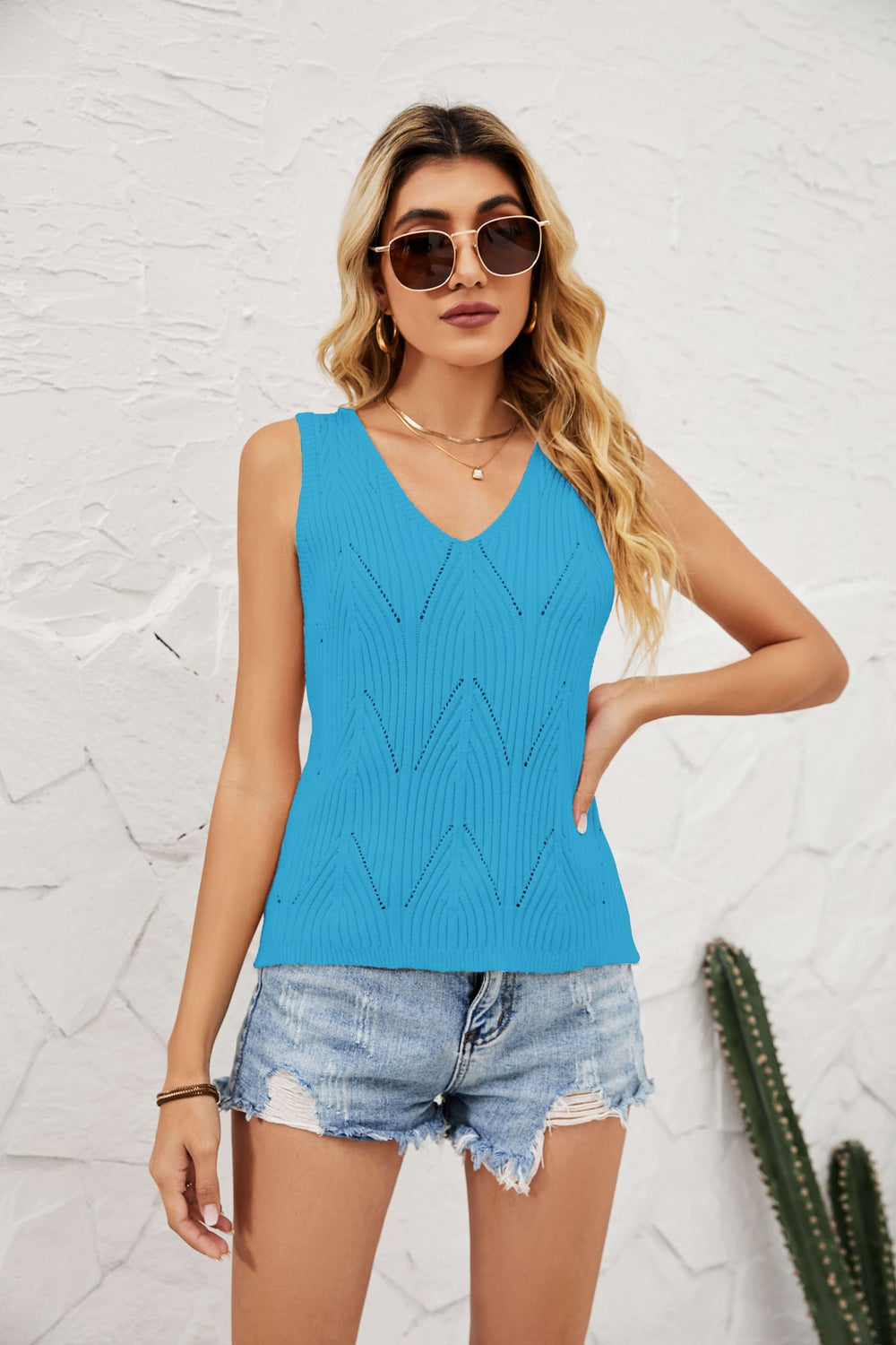 Eyelet V-Neck Sleeveless Knit Top