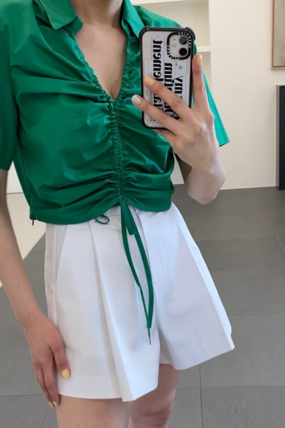 Drawstring Detail Cropped Johnny Collar Top