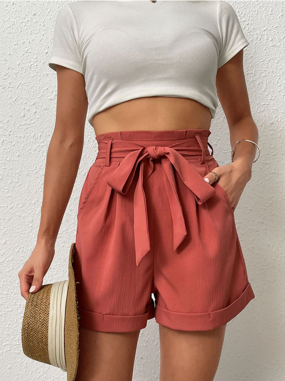 High Waist Belted Shorts with Pockets