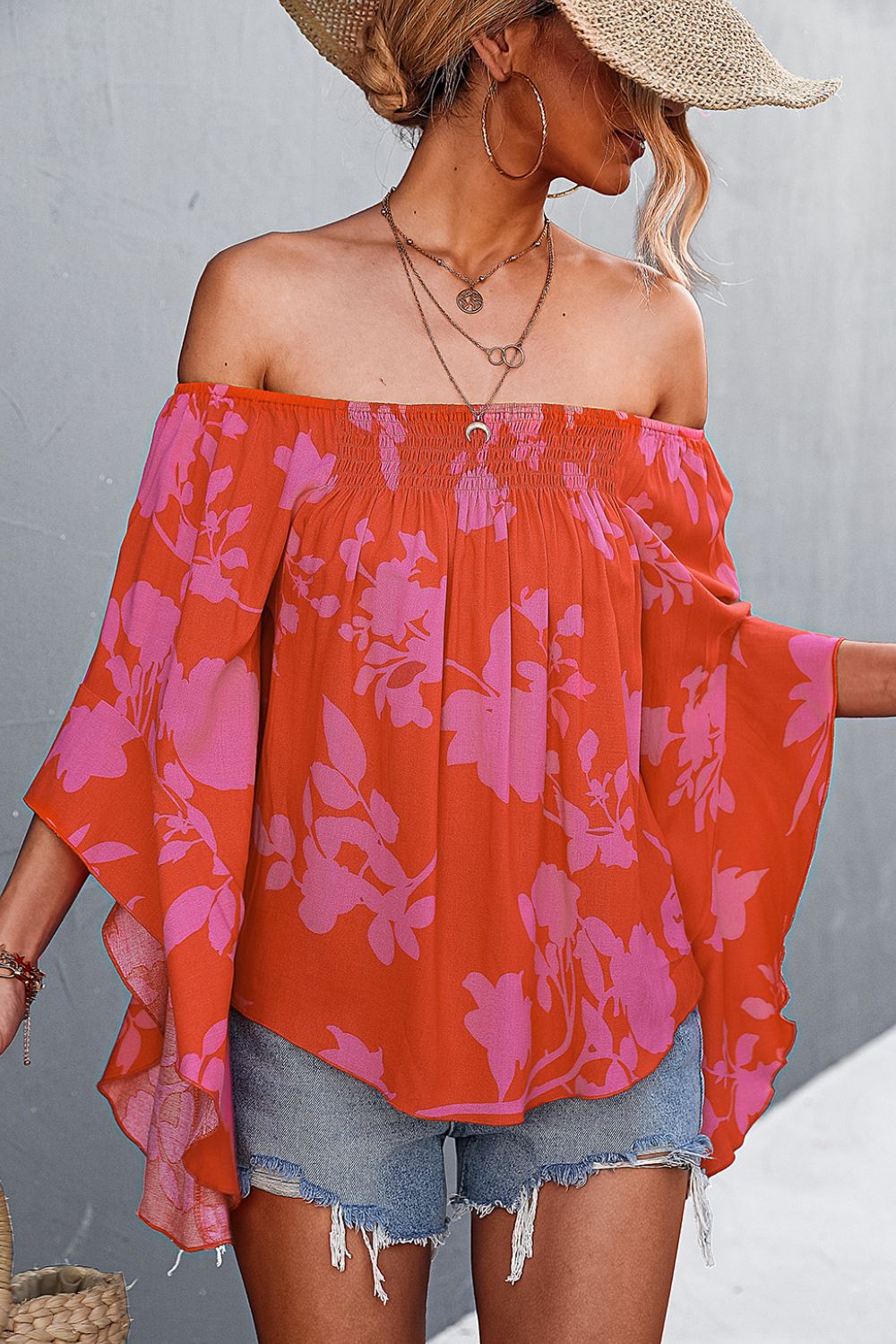 Floral Smocked Bell Sleeve Off-Shoulder Top