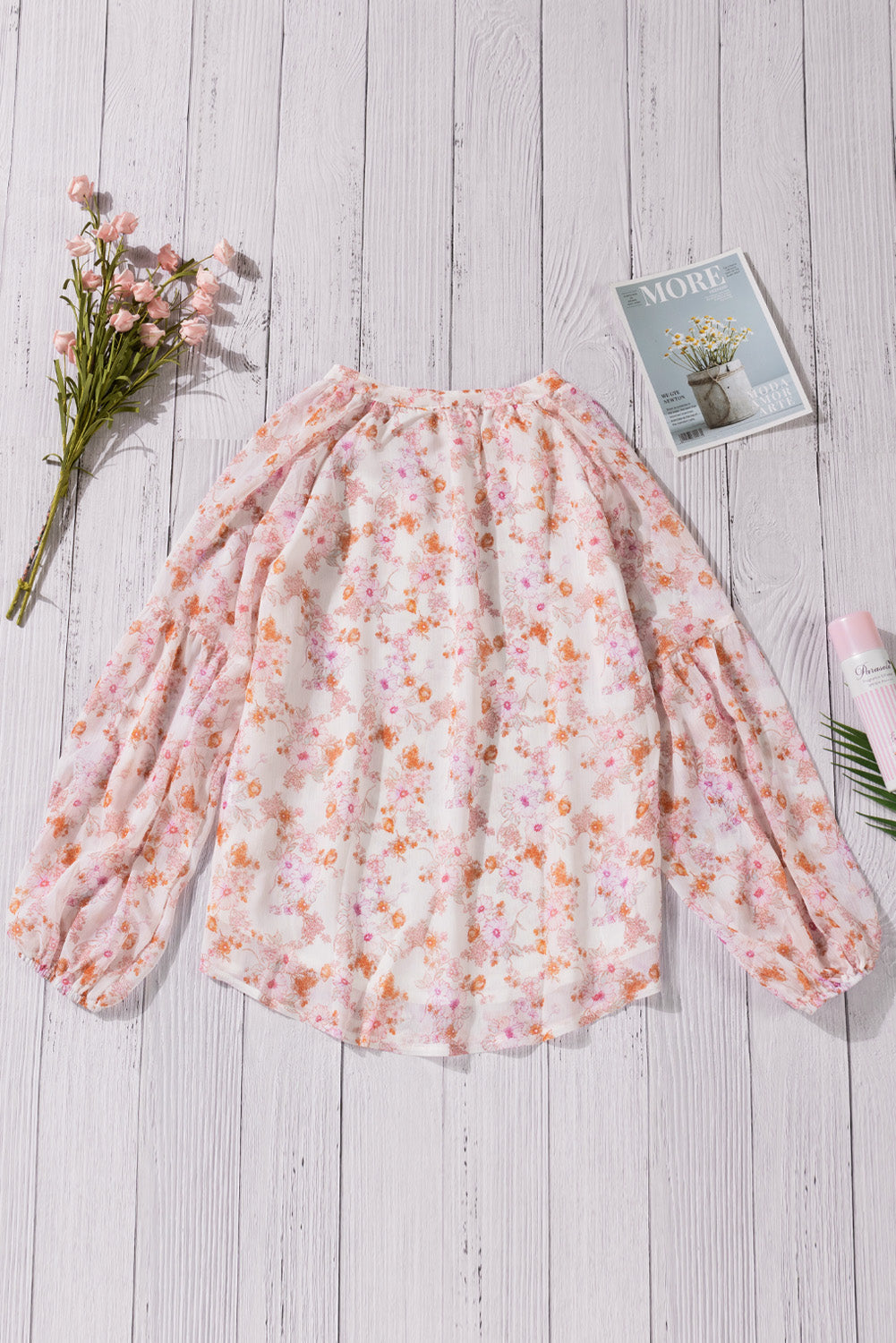 Floral V-Neck Curved Hem Blouse