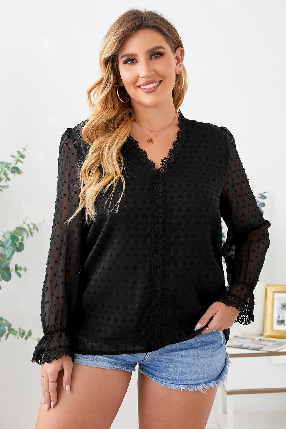 Plus Size Swiss Dot Lace Trim Blouse