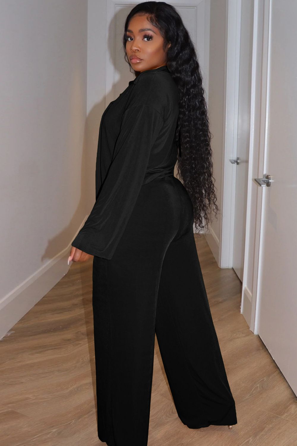 Open Front Top, Bralette, and Wide Leg Pants Set