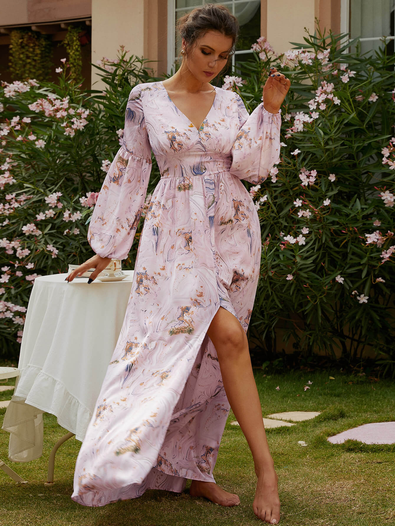 Printed Front Split V-Neck Maxi Dress