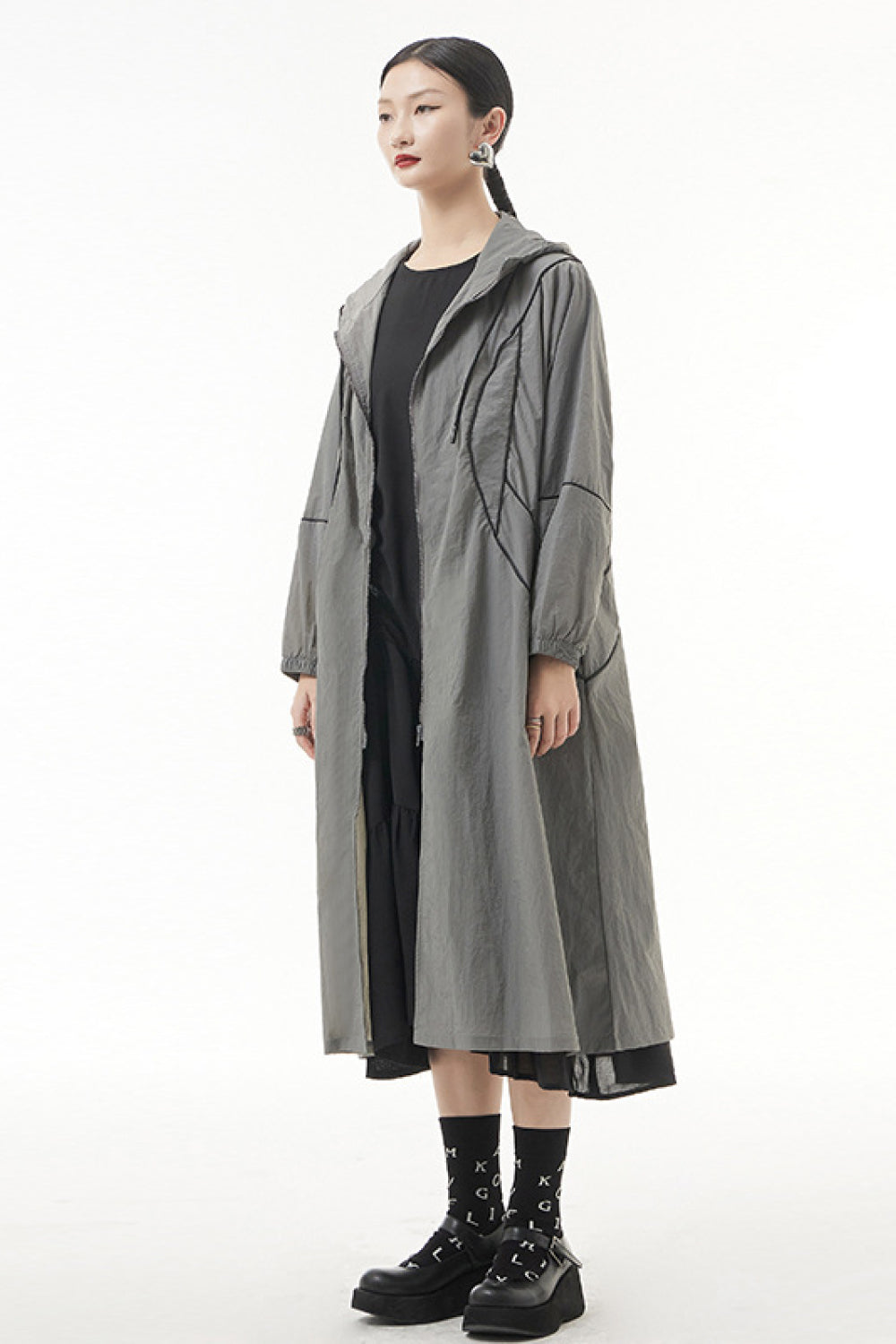 Contrast Stitching Zip Up Hooded Coat