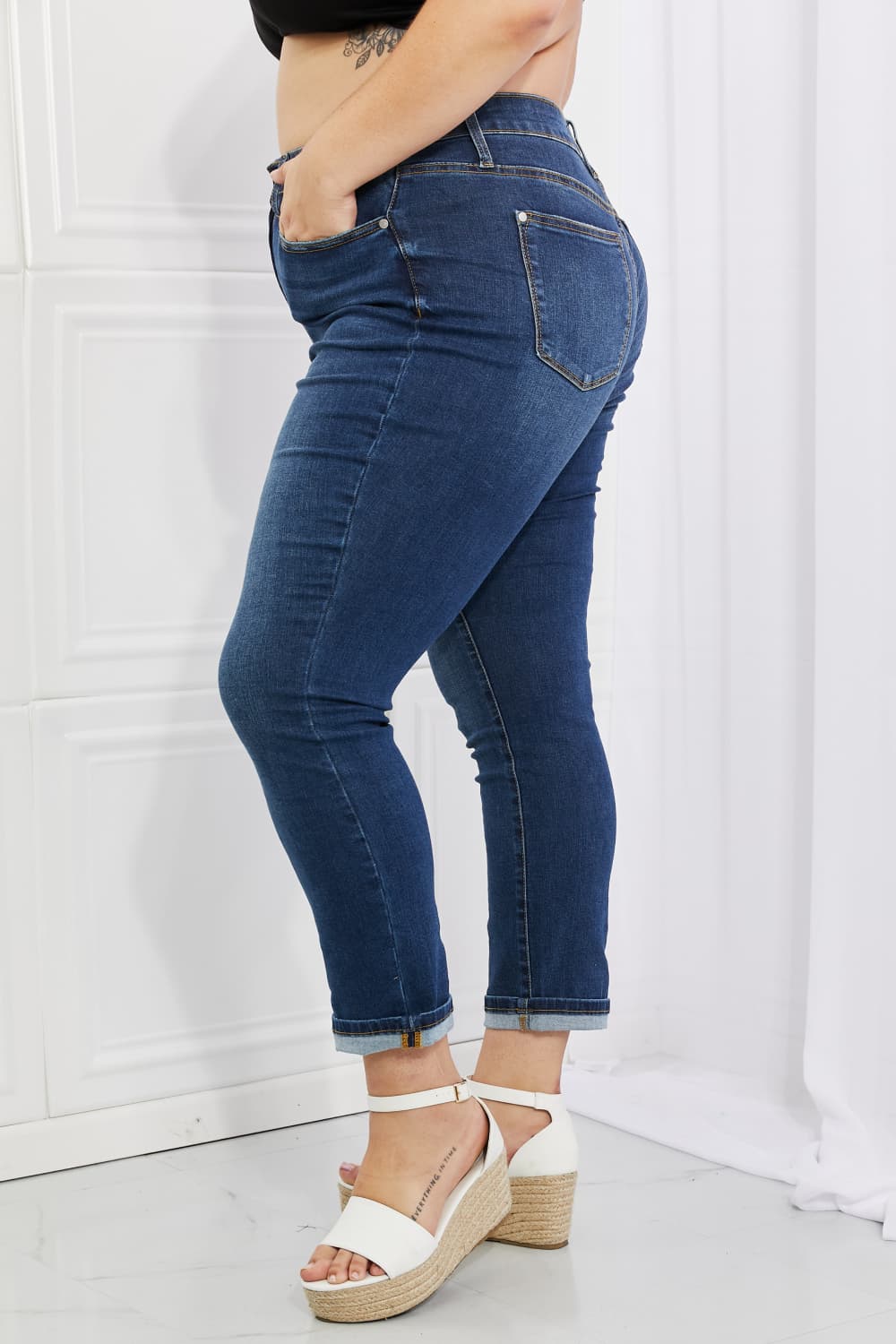 Crystal Full Size High Waisted Cuffed Boyfriend Jeans