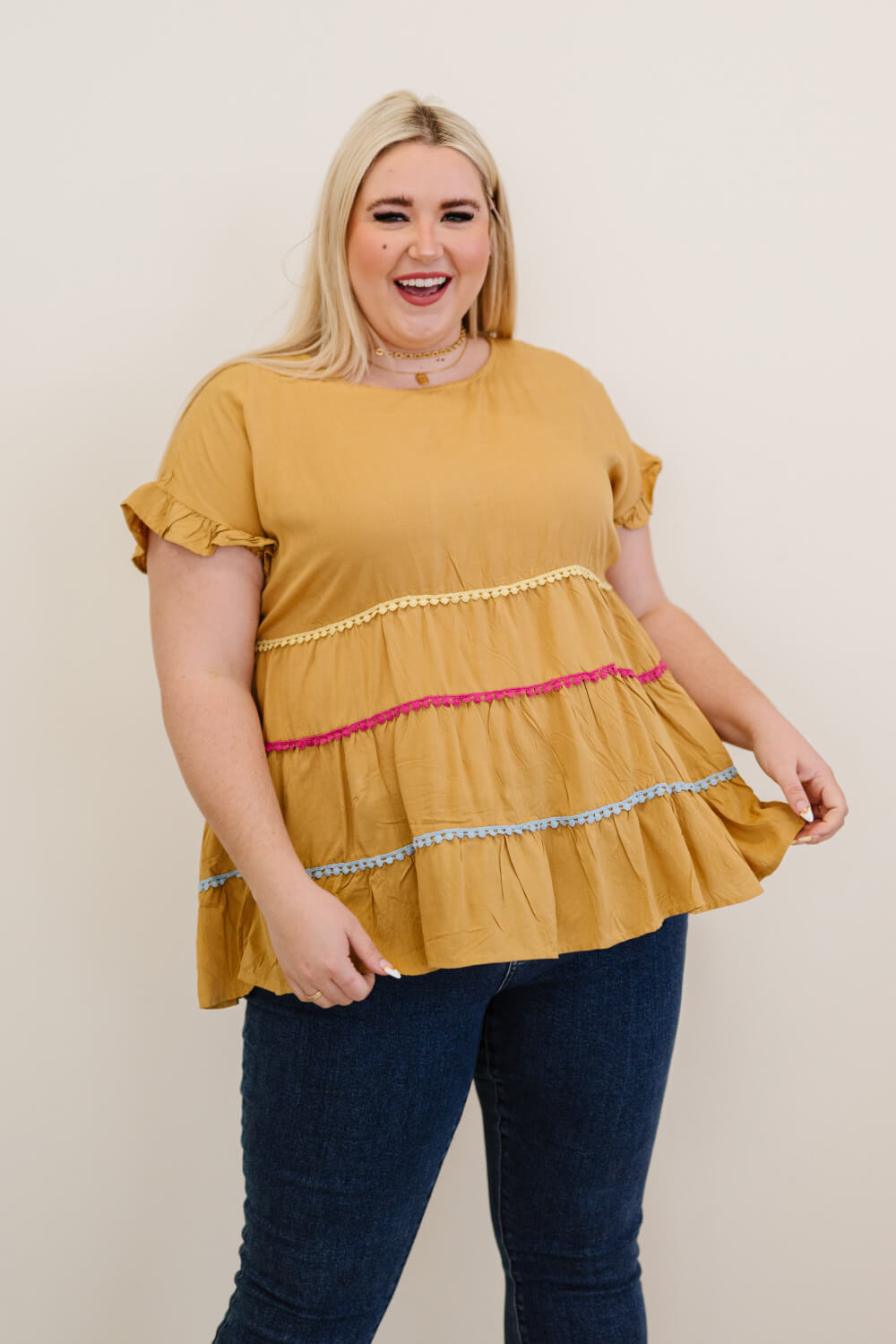 Andree by Unit Creatively Colorful Full Size Run Pom-Pom Babydoll Top