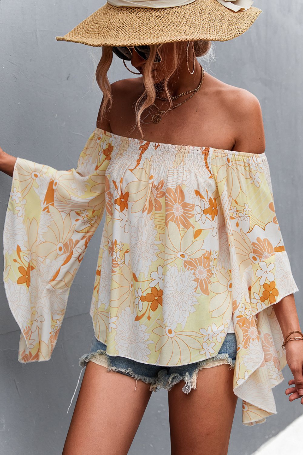 Floral Smocked Bell Sleeve Off-Shoulder Top