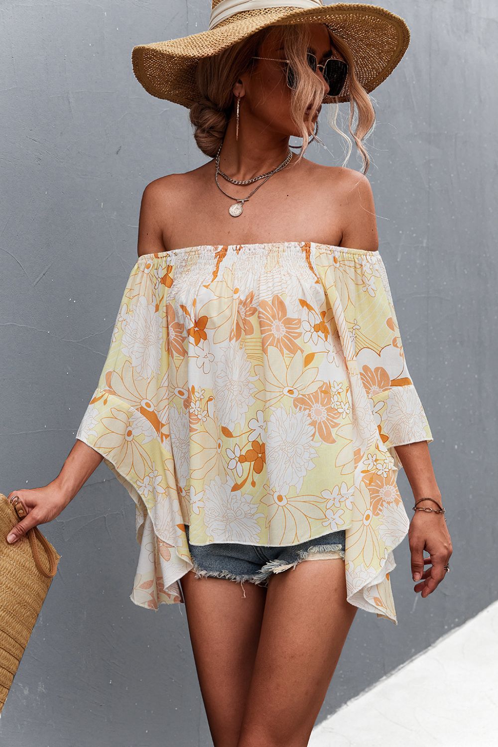 Floral Smocked Bell Sleeve Off-Shoulder Top
