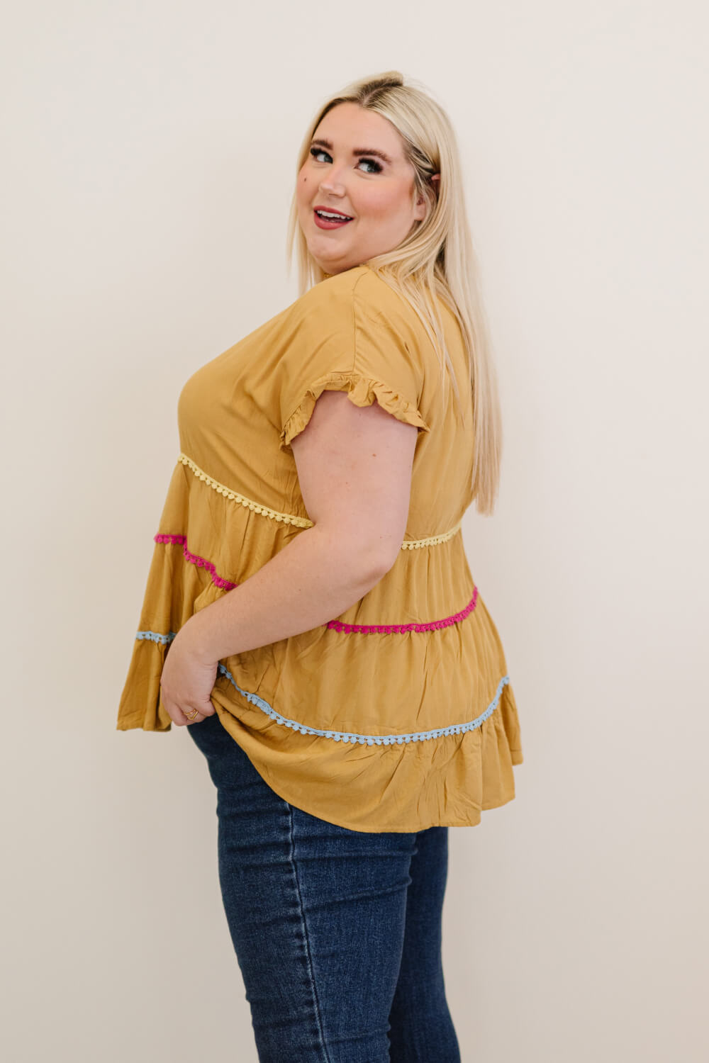 Andree by Unit Creatively Colorful Full Size Run Pom-Pom Babydoll Top