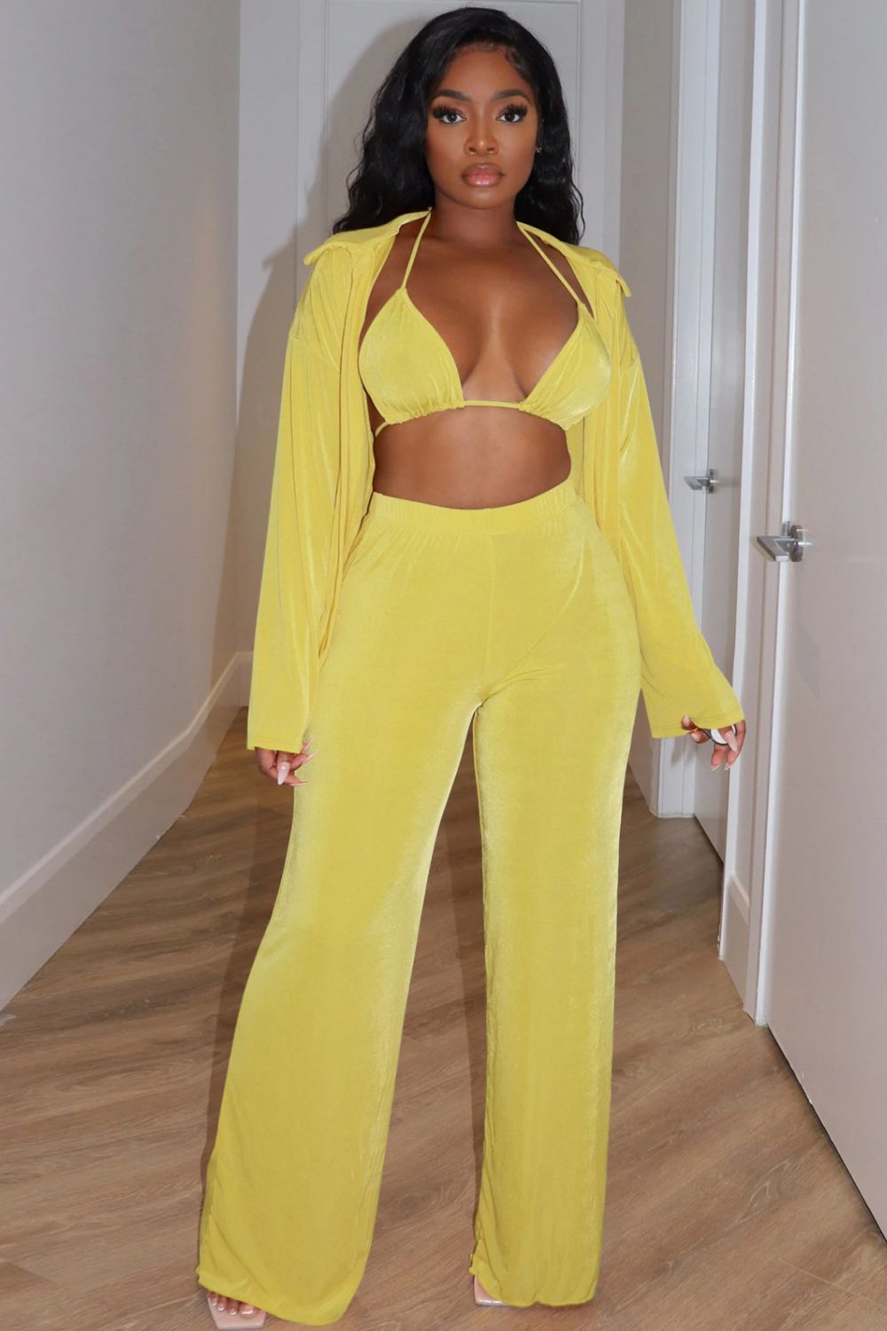 Open Front Top, Bralette, and Wide Leg Pants Set
