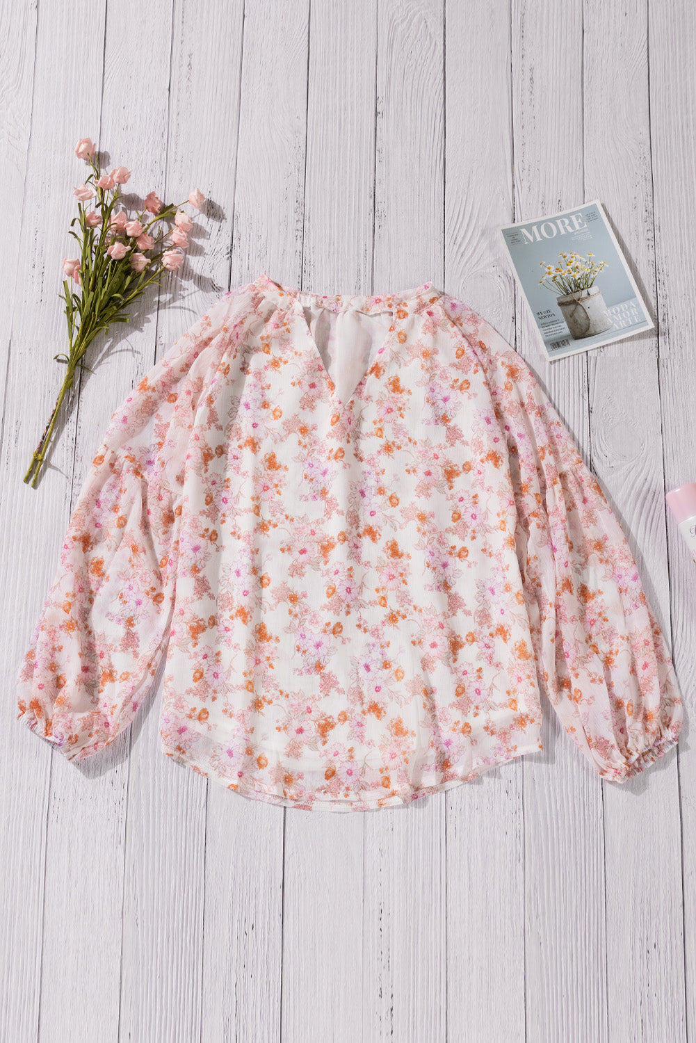 Floral V-Neck Curved Hem Blouse