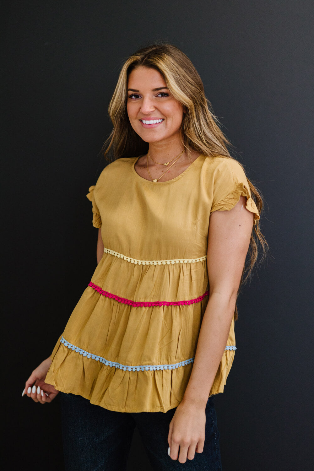 Andree by Unit Creatively Colorful Full Size Run Pom-Pom Babydoll Top