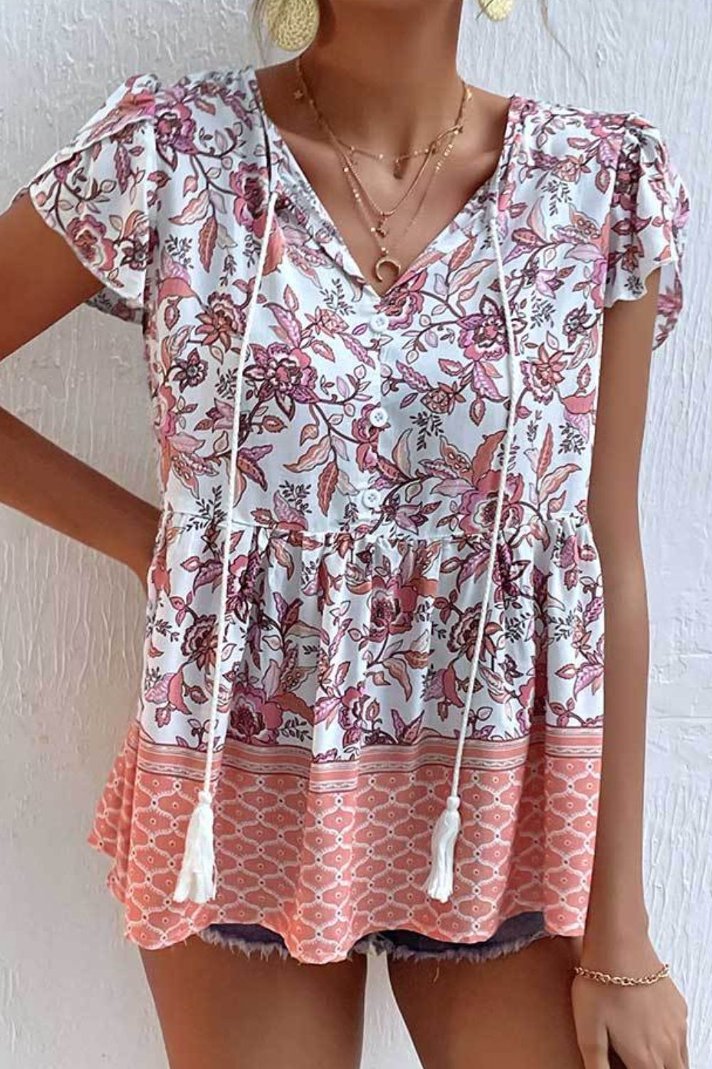 Mixed Print Half Button Petal Sleeve Babydoll Blouse