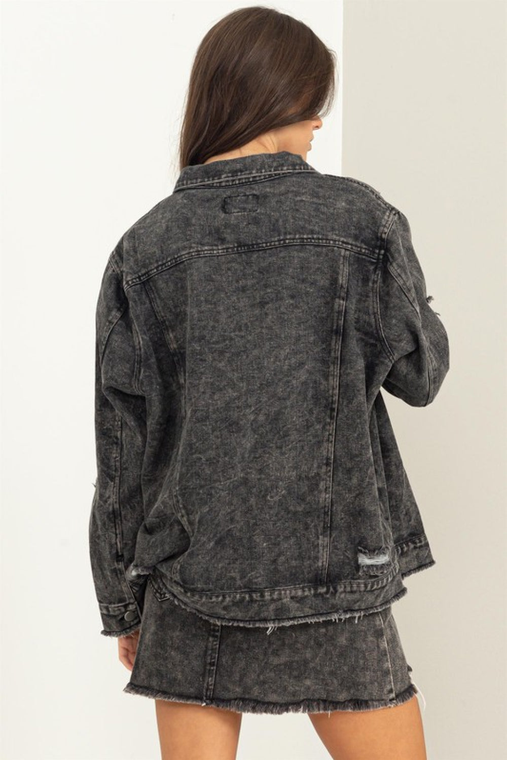 Tess Distressed Denim Jacket in Black Denim