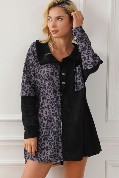 Collared Neck Half Button Long Sleeve Blouse main image 0