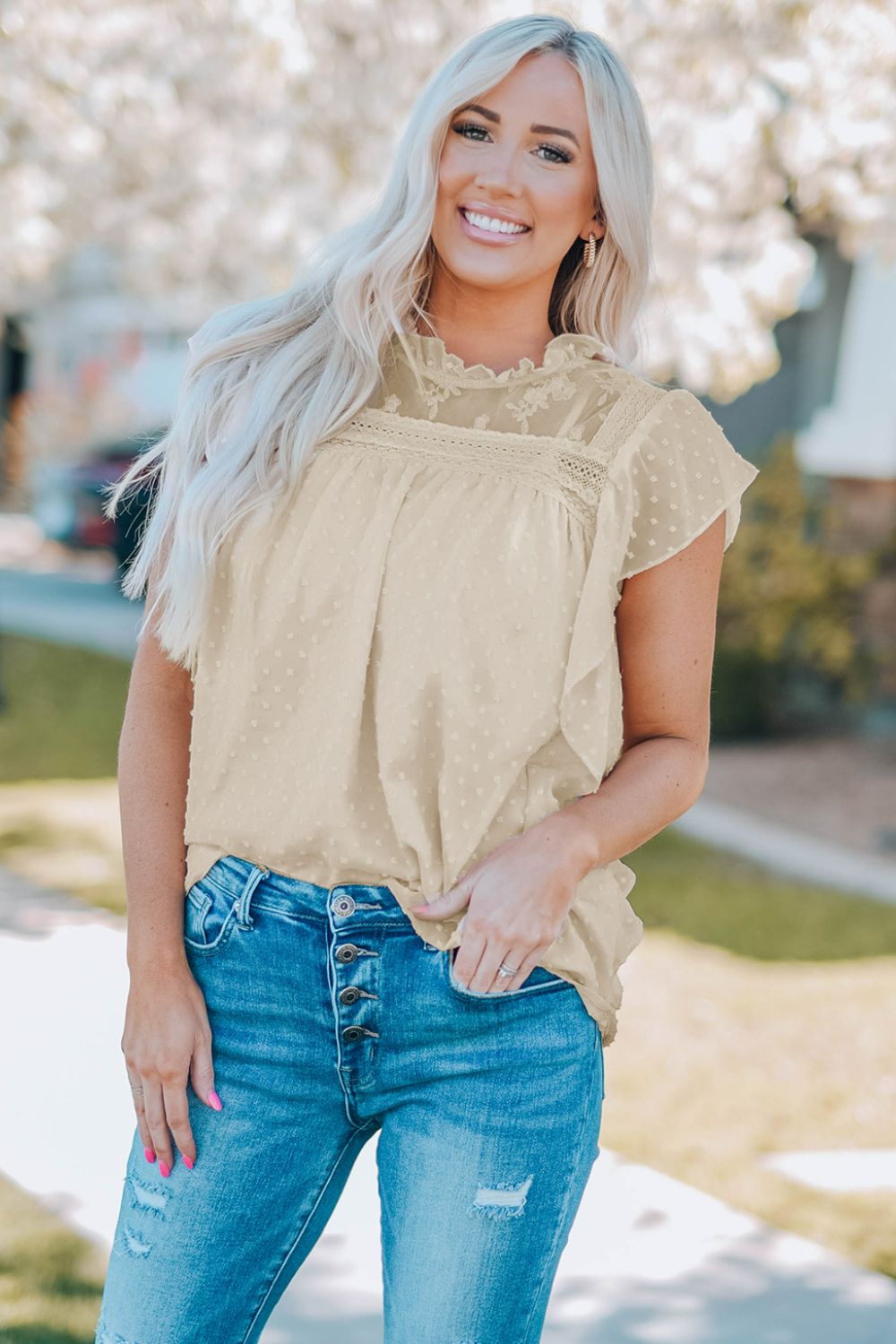 Swiss Dot Spliced Lace Flutter Sleeve Top