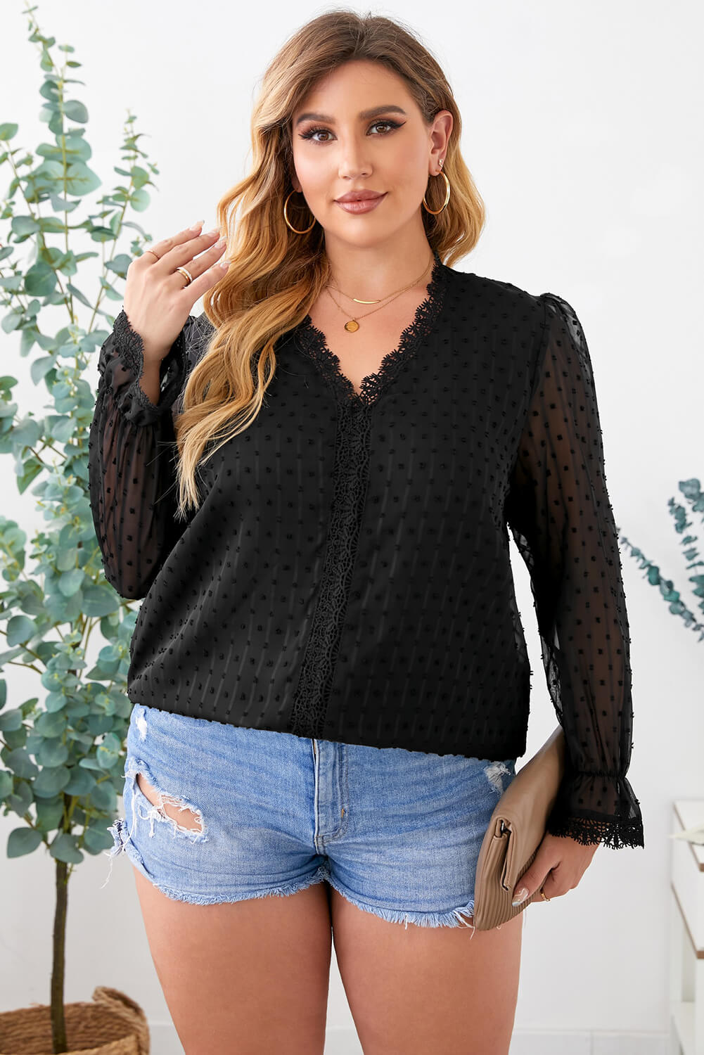 Plus Size Swiss Dot Lace Trim Blouse