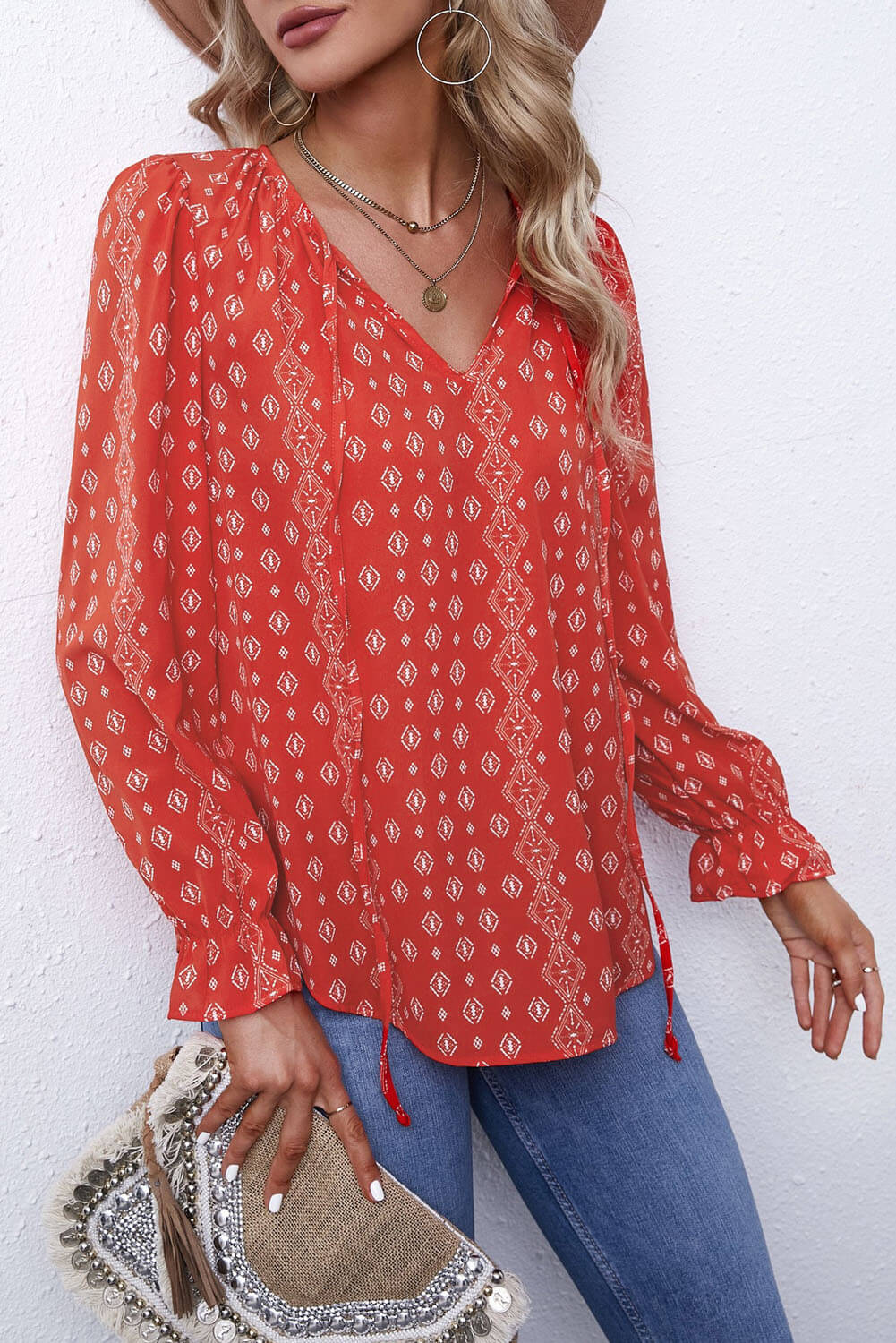 Printed Tie Neck Flounce Sleeve Top