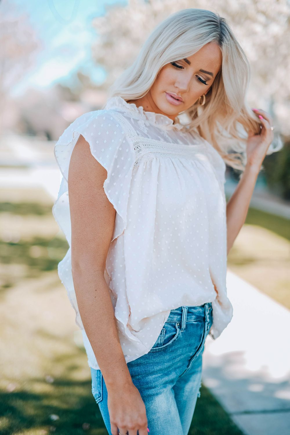 Swiss Dot Spliced Lace Flutter Sleeve Top