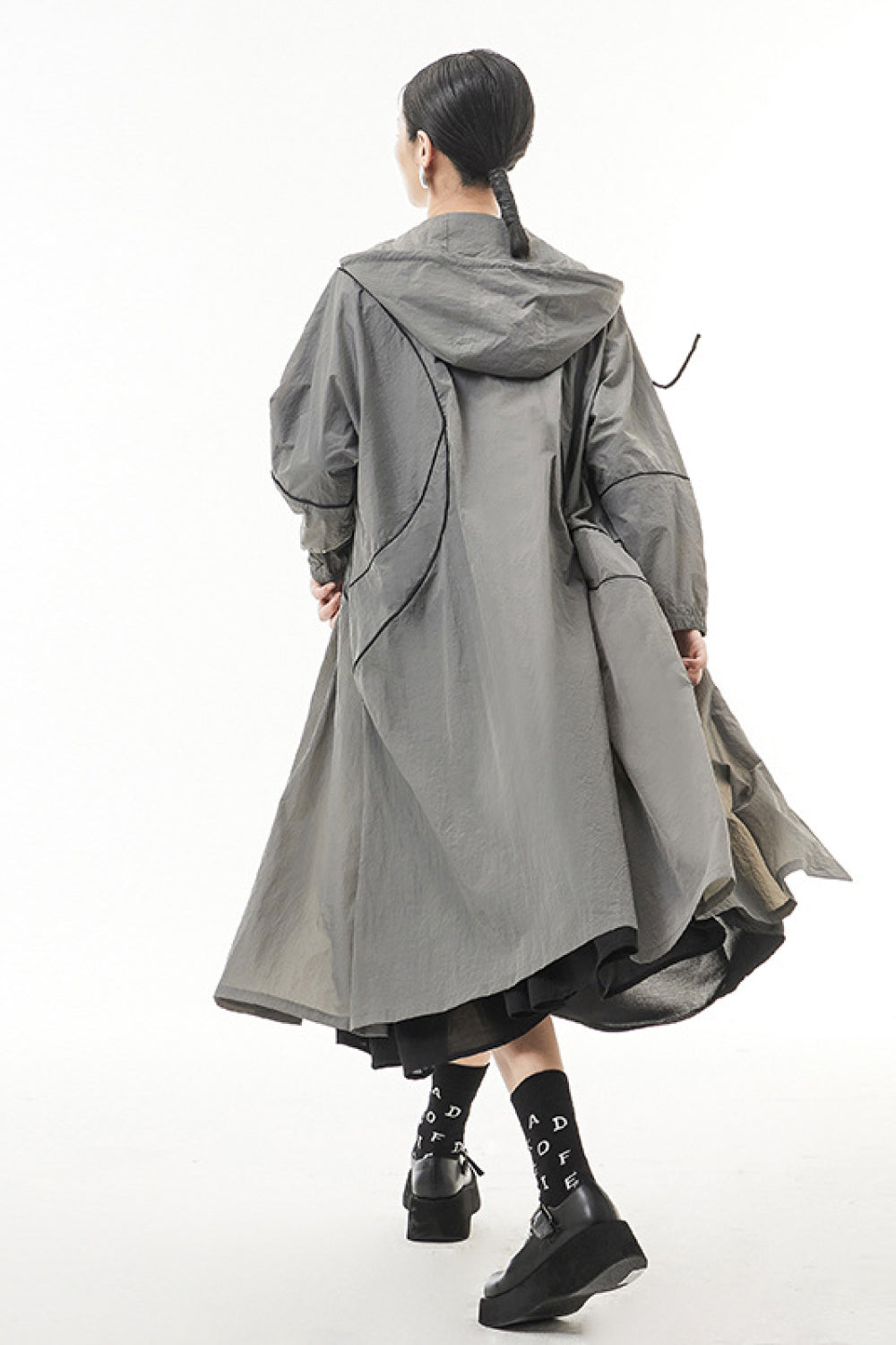 Contrast Stitching Zip Up Hooded Coat