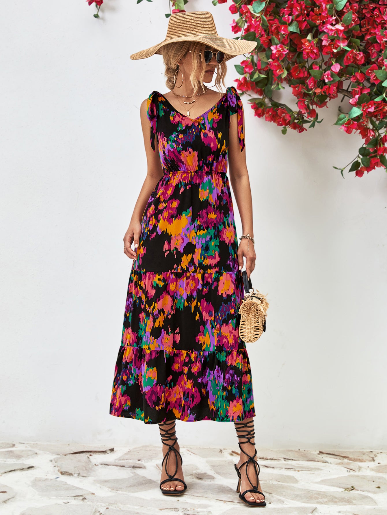 Multicolored V-Neck Backless Midi Dress Anchor Blue Jeans Multicolored V-Neck Backless Midi Dress Anchor Blue Jeans