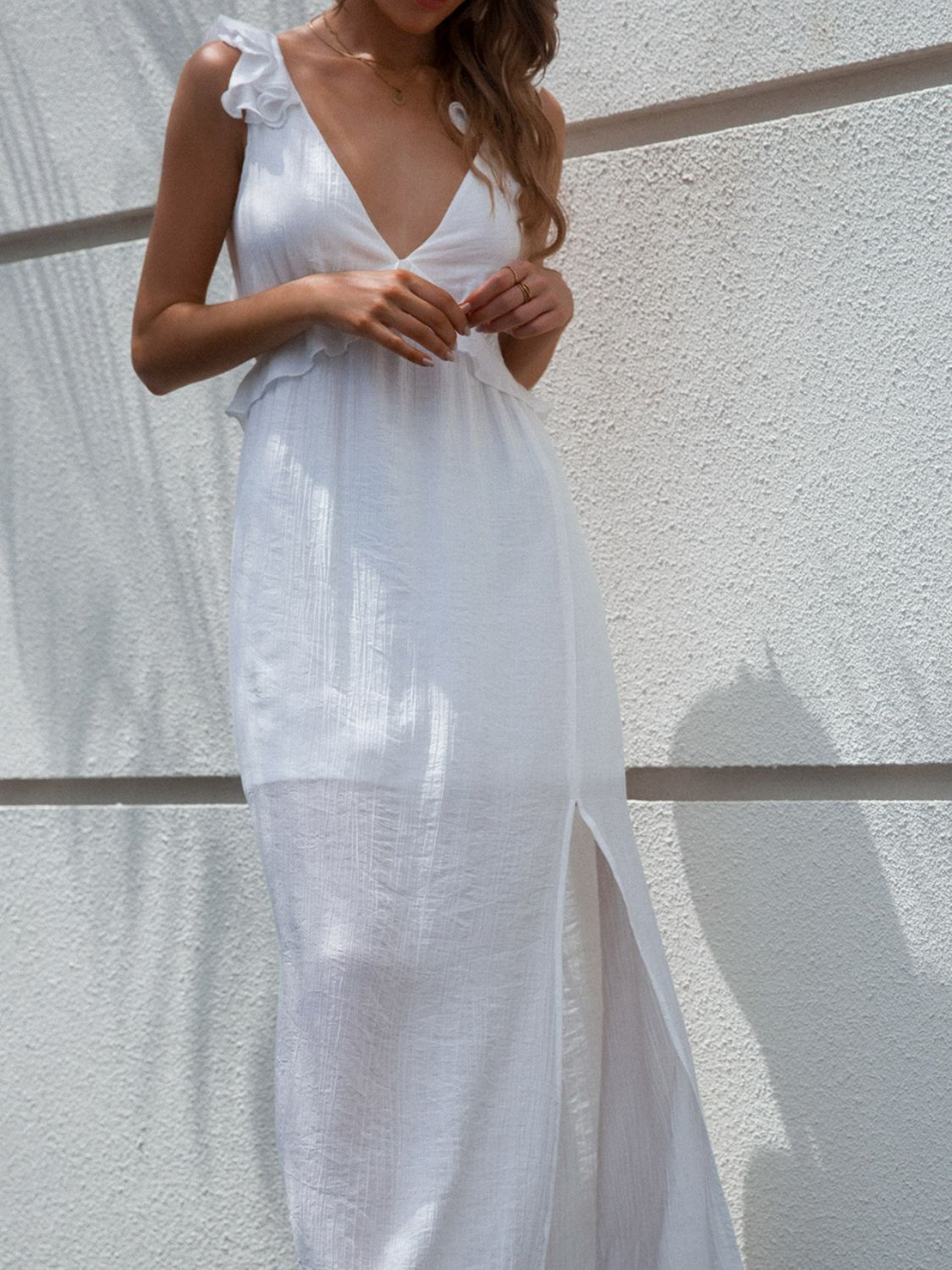 Tie Back Cutout Ruffled Split Maxi Dress