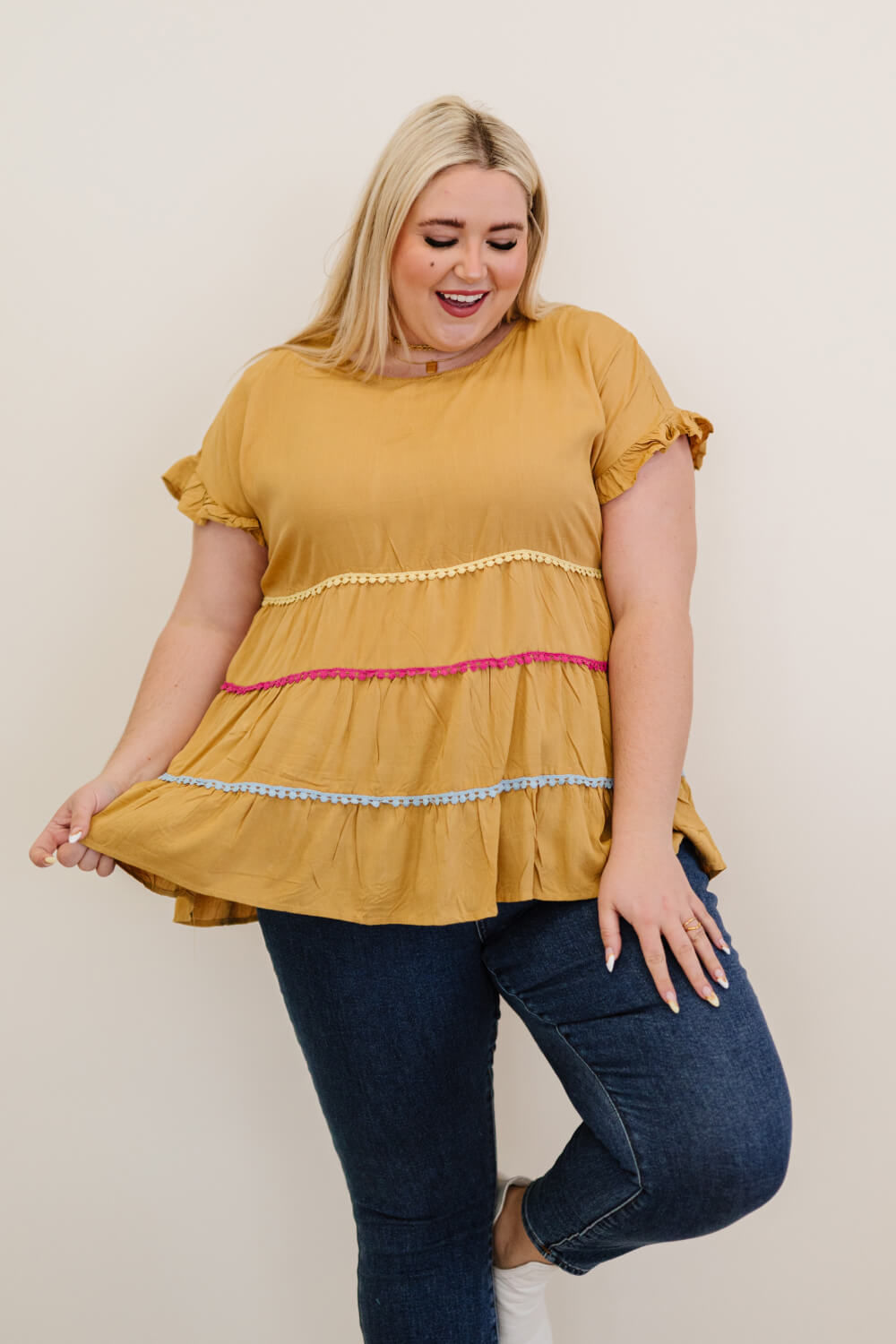 Andree by Unit Creatively Colorful Full Size Run Pom-Pom Babydoll Top