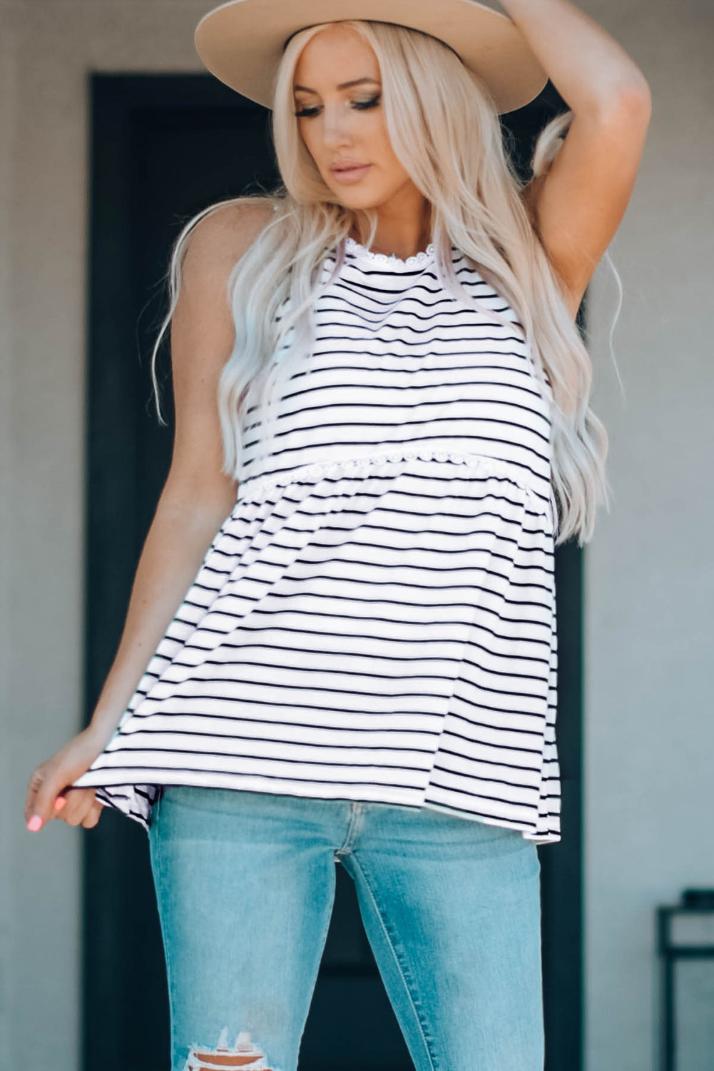 Lace Trim Striped Tank Top