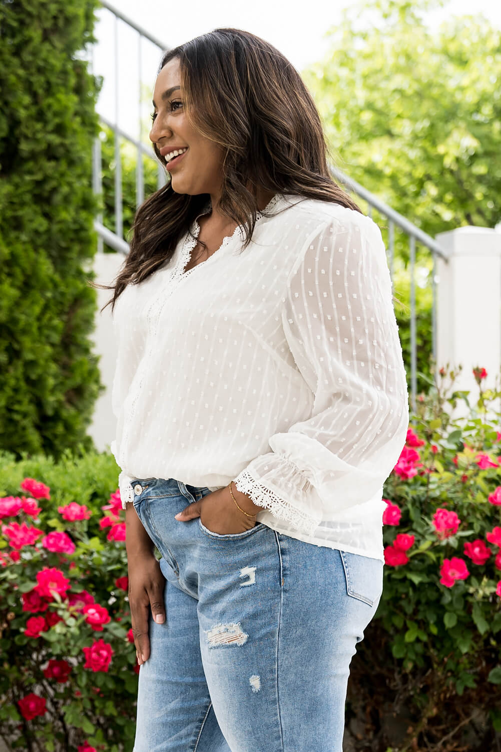 Plus Size Swiss Dot Lace Trim Blouse