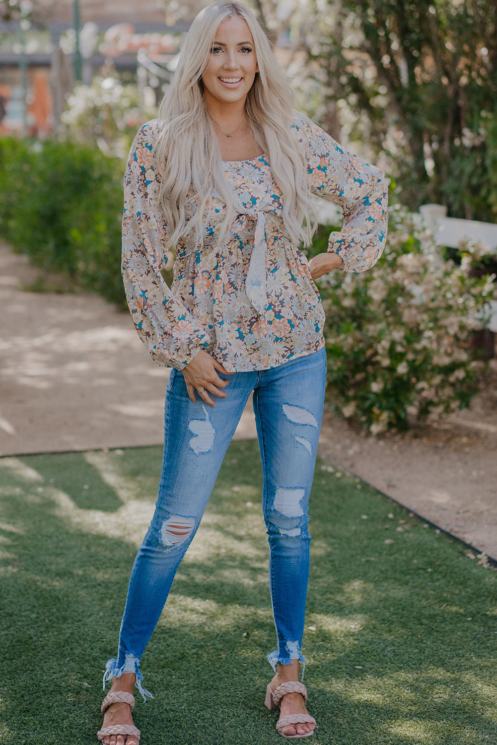 Floral Tie Front Peplum Blouse
