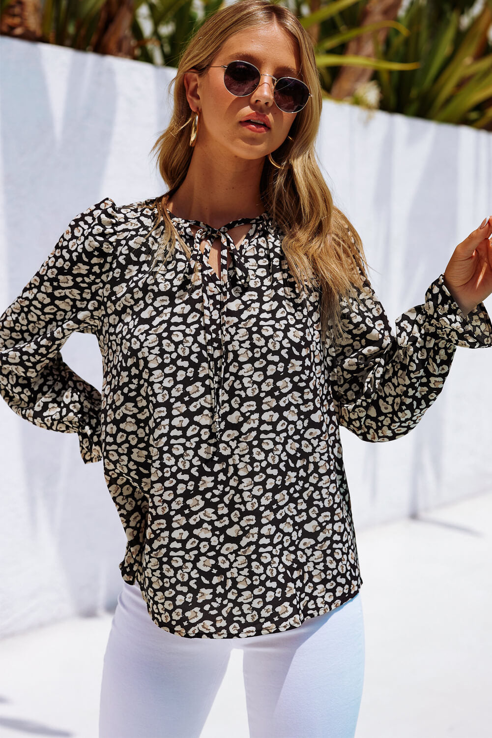 Printed Tie Neck Flounce Sleeve Top