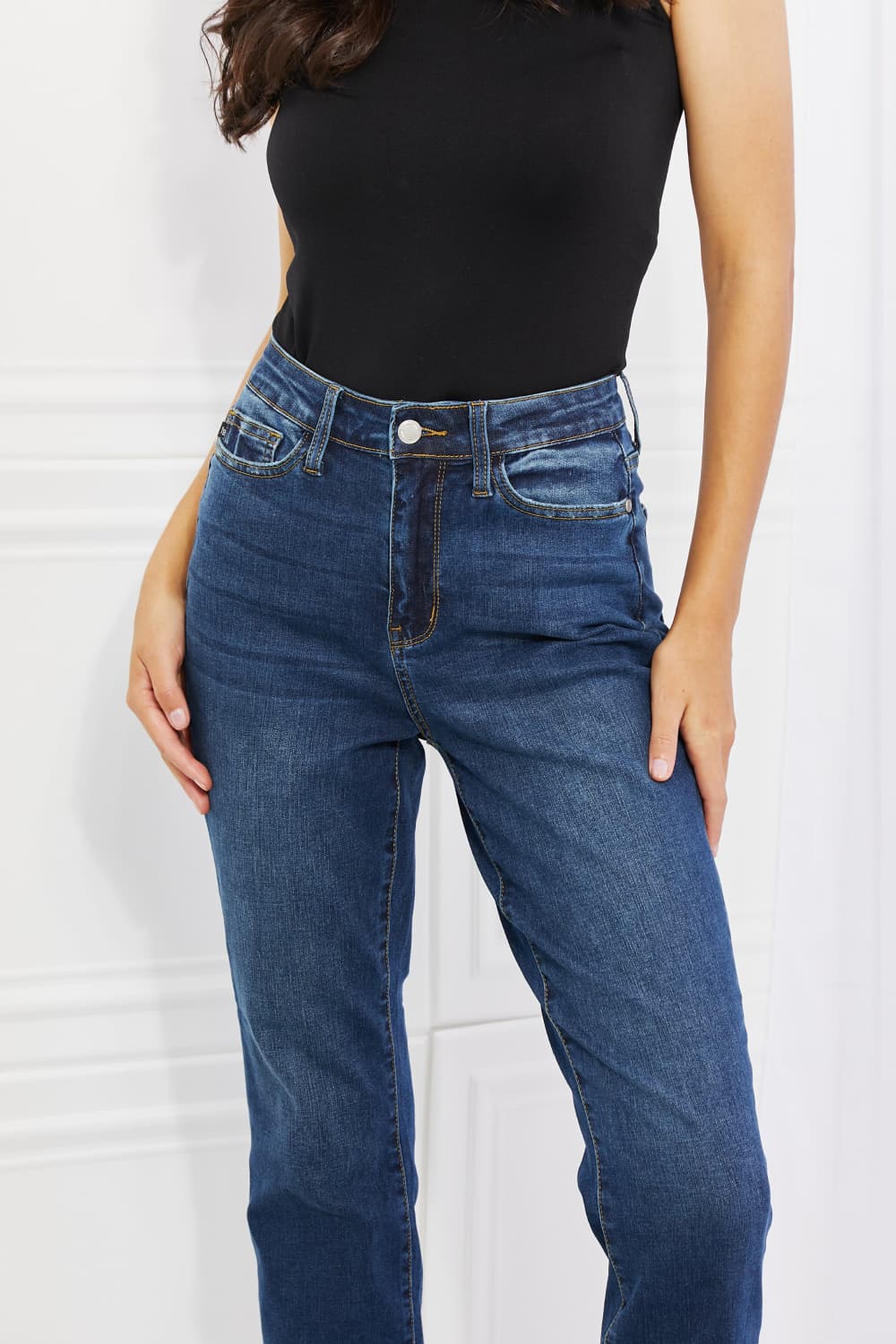 Crystal Full Size High Waisted Cuffed Boyfriend Jeans