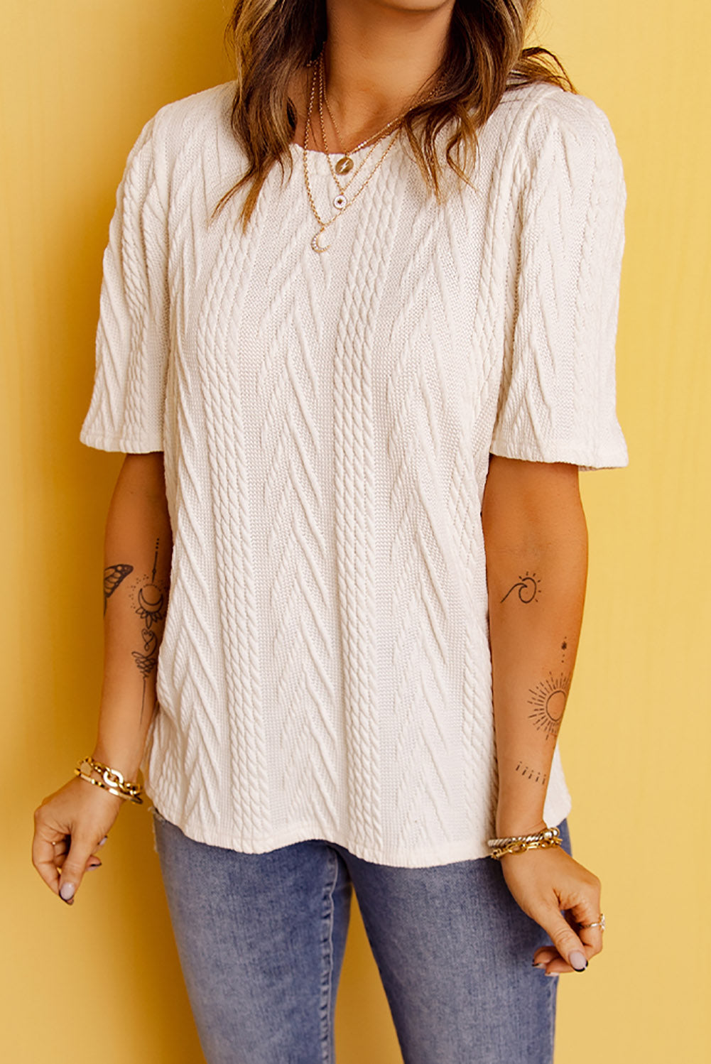 Waffle Knit Half Sleeve Round Neck Top