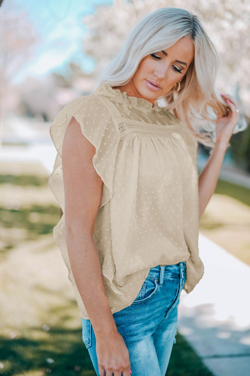 Swiss Dot Spliced Lace Flutter Sleeve Top