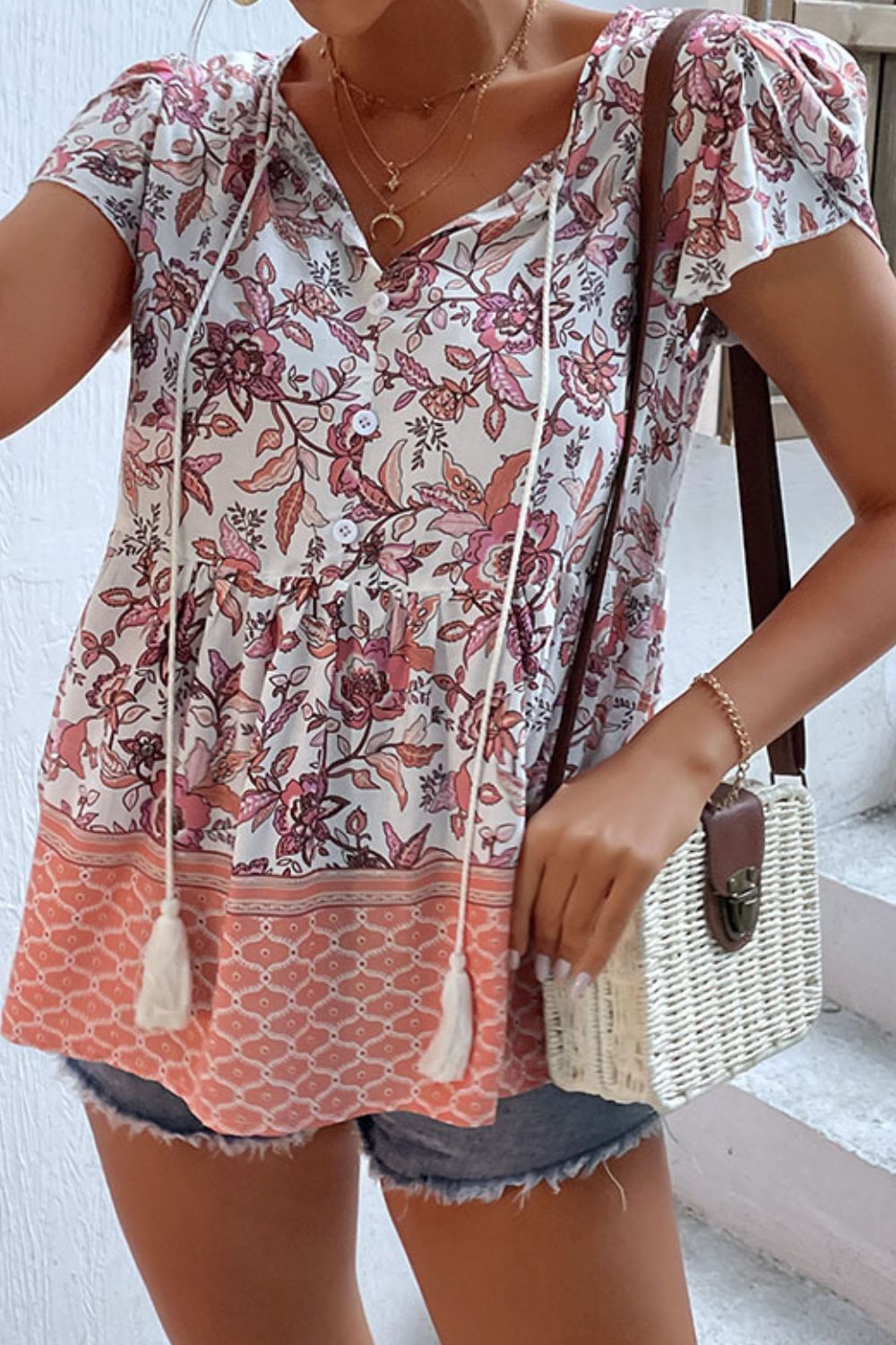 Mixed Print Half Button Petal Sleeve Babydoll Blouse