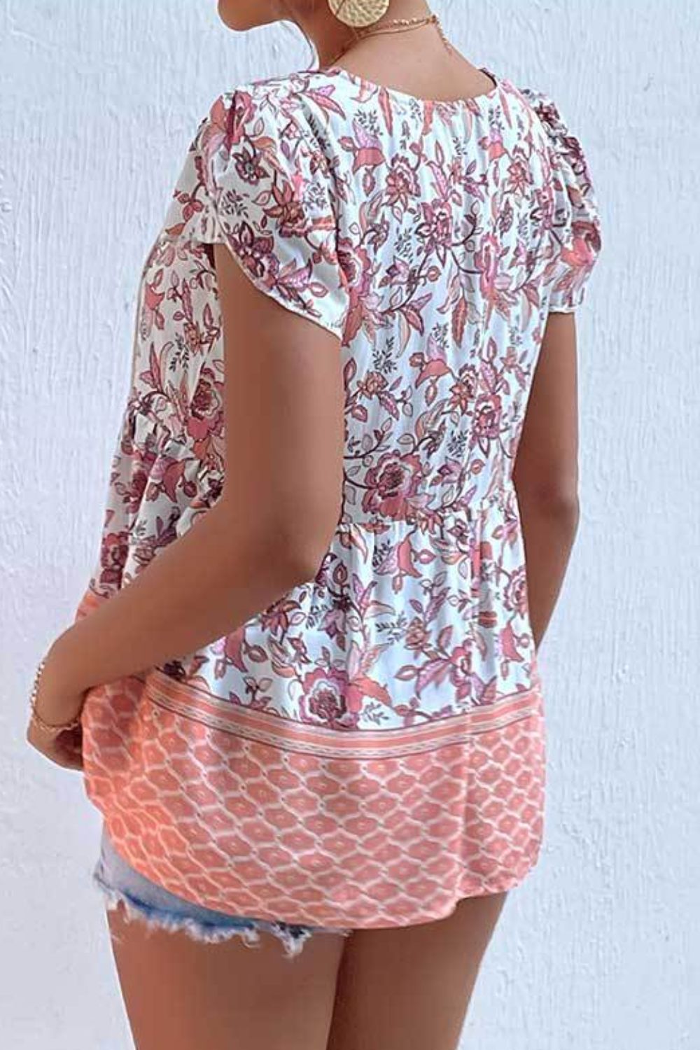 Mixed Print Half Button Petal Sleeve Babydoll Blouse