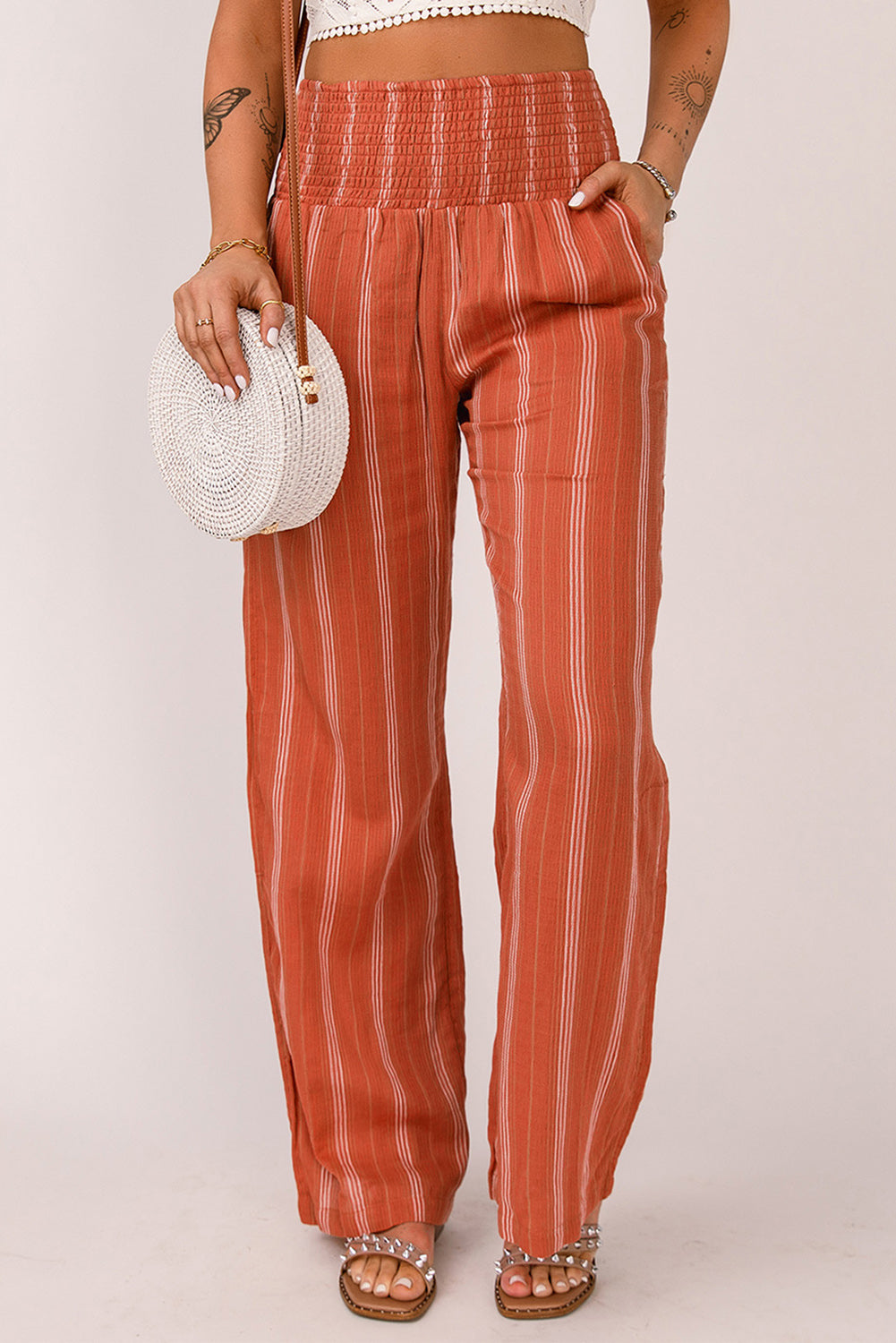 Striped High Waist Smocked Straight Leg Pants