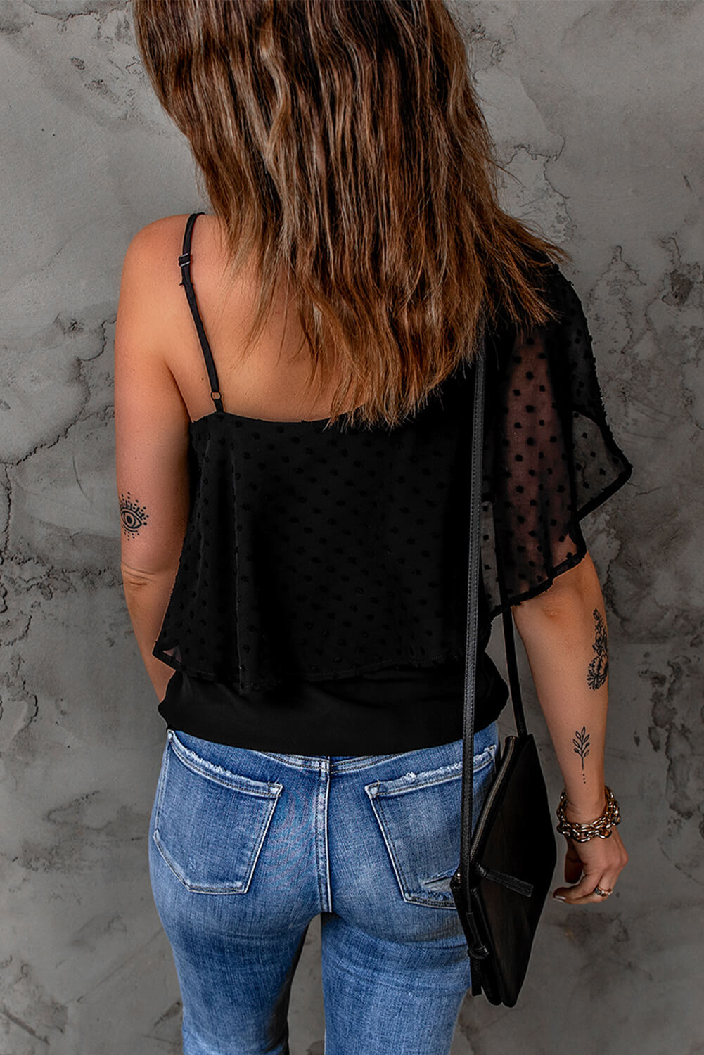 Swiss Dot Asymmetrical Neck Top